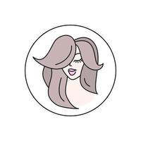 círculo de logo de peinado. icono de cara de niña. logotipo de salón de belleza. corte de pelo y cuidado. peluquera mujer. coloración del cabello y maquillaje vector