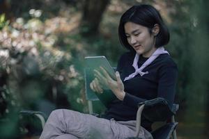 happy woman with wireless headset photo