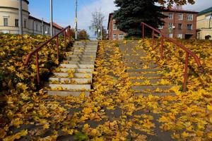 Descending the stairs in the autumn city park. A wide staircase with steps covered with fallen yellow autumn leaves photo