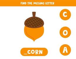 Find missing letter with hand drawn acorn. Spelling worksheet. vector