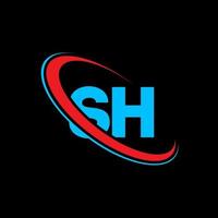 SH logo. SH design. Blue and red SH letter. SH letter logo design. Initial letter SH linked circle uppercase monogram logo. vector