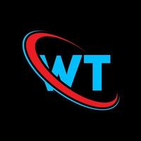 logotipo de wt. diseño de peso. letra wt azul y roja. diseño del logotipo de la letra wt. letra inicial con el logotipo del monograma en mayúsculas del círculo vinculado. vector