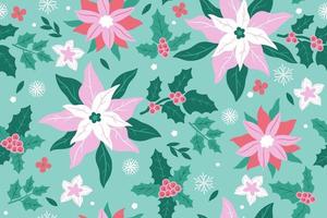 Christmas seamless pattern with winter flora and snowflakes. Vector graphics.