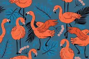 Seamless pattern with flamingos and tropical leaves. Vector graphics.