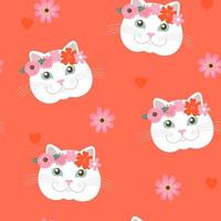 Valentine's day seamless pattern with cute cat faces. Vector graphics.