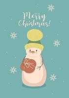 Christmas card with a cute snowman. Vector graphics.