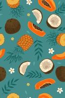 Seamless pattern with exotic fruits, flowers, leaves. Vector graphics.