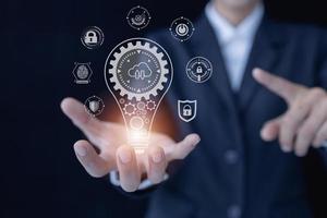 Businessman holding  cloud computing diagram show on hand. Cloud technology,  Data storage, password and shopping,  Networking and internet service concept. photo