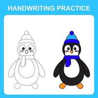 práctica de escritura a mano. traza las líneas y colorea el pingüino. juego educativo para niños, hoja de libro para colorear, hoja de trabajo imprimible. ilustración vectorial vector