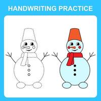 Handwriting practice. Trace the lines and color the snowman. Educational kids game, coloring book sheet, printable worksheet. Vector illustration