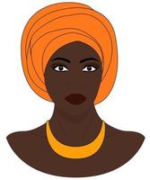 Portrait of the beautiful black woman in a bright turban. Color drawing. Vector illustration isolated on a white background.Template for use.