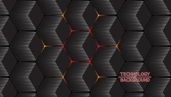 Dark gray hexagonal technology vector abstract background. Orange bright energy flashes under hexagon in modern technology futuristic background vector illustration. Dark gray honeycomb texture grid