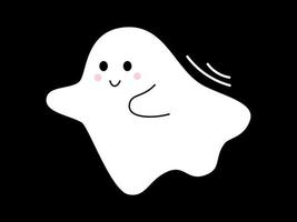 Vector with cute smiling ghost. Flying spirit in flat design. White phantom on black background. Doodle ghost. Halloween.