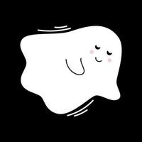 Vector with cute smiling ghost. Flying spirit in flat design. White phantom on black background. Doodle ghost. Halloween.