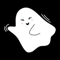 Vector cute hello ghost. Funny flying spirit in flat design. White phantom on black background. Doodle ghost. Halloween.