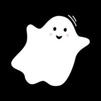 Vector with cute smiling ghost. Happy flying spirit in flat design. White phantom on black background. Doodle ghost. Halloween.