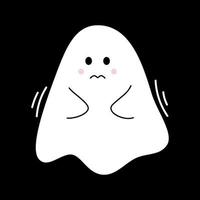 Vector cute sad ghost. Spirit in flat design. White phantom on black background. Doodle ghost. Halloween.