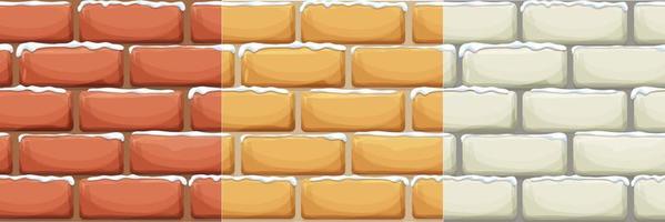 Brick wall with snow, stone bricks, rock surface in cartoon style, winter seamless background. Ui game asset, pavement or road. Textured and detailed. Vector illustration
