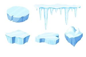 Set Ice floe, frozen water piece, iceberg in cartoon style isolated on white background. Polar landscape element, ui game asset. Winter decoration. Vector illustration
