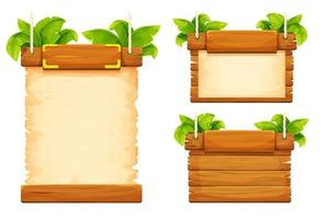 Jungle frame with wooden planks, old paper, rope, decorated plants and leaves in comic cartoon style isolated on white background. Tribal, rural clip art. Ui game asset. Vector illustration