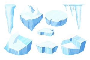 Set Ice floe, frozen water piece, iceberg in cartoon style isolated on white background. Polar landscape element, ui game asset. Winter decoration. Vector illustration