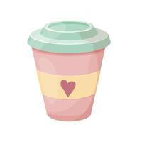 Coffee pink paper cup takeaway decoration with heart hot beverage in cartoon style isolated on white background. Funny icon, design element. Vector illustration