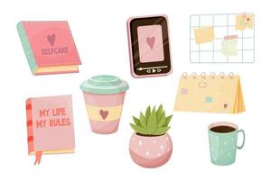 Set essentials self care elements for study, rest, mental health in pink pastel colors in cartoon style isolated on white background. Books, coffee cups,memo board and calendar, phone and plant. vector