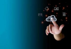 human finger pointing at the cloud show global data transfer with cloud computing, global internet, communication, big data, copy space photo