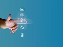 human finger pointing at the cloud show global data transfer with cloud computing, global internet, communication, big data, copy space photo