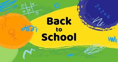 Back to school poster, social banner design template. Vector flat illustration, background with children drawings. Children background.