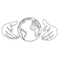 Save the planet concept.Small planet Earth between two human hands meaning care and love.Line art drawing vector illustration.Symbol of caring for nature,environment and ecology of planet Earth.