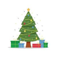 Christmas tree with gifts on a light background. Vector illustration.