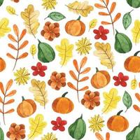 watercolor seamless pattern with autumn leaves, pumpkins and flowers. cute print on the theme of autumn, halloween, thanksgiving. vector