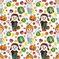 watercolor drawing, halloween seamless pattern. print with cute kids in halloween costumes. pumpkins, sweets, autumn leaves on a white background.