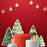 Podium for show product display.winter Christmas decoration on red background with tree xmas. 3D vector photo