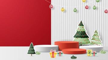 podio para mostrar la exhibición del producto. decoración navideña de invierno sobre fondo rojo con árbol de navidad. vectores 3d foto