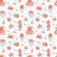 Cute seamless pattern with a nautical theme. Ocean and sea life background for fabric and packaging. Vector illustration for children.