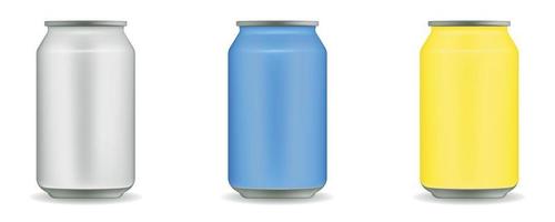 Vector realistic 3d empty glossy metal white or silver, blue and yellow aluminium beer pack or can set. 330ml. Can for beer, alcohol, soft drink, soda, cola, lemonade