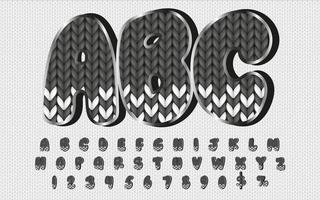 Gray abc with numbers and symbols on knit background with ornament. Full English alphabet for advertisement and banners on Black Friday, Cyber Monday or Christmas vector