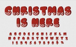 Christmas is here lettering with full English alphabet and symbols. Letters with knit texture and modern typeset. Abc for creative winter posters and banners vector