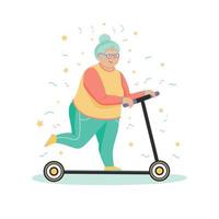 mujer de edad avanzada activa positiva en electro gyro scooter. Actividad divertida para personas mayores de edad positiva. protección de ancianos. utilizando el transporte urbano ecológico. vector