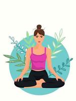 Logo and poster yoga woman in lotus pose with tropical plants. Vector illustration for wellness center or yoga studio and lifestyle postcard