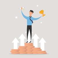 Businessman is glad a lot of money. Happy man standing on stack coint with trophy and certificate in hand. Profit, fortune and success, successful investment concept.  Cartoon design for vector. vector