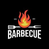 Barbecue grill vintage restaurant logo design - flame fork spatula element, dark background vector