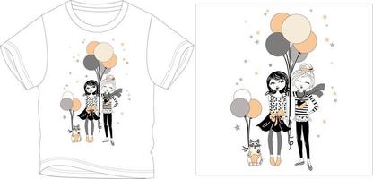 Two girls with cat and balloon Graphic design vector illustration