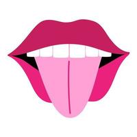 Open mouth with sticking tongue vector illustration. Sexy red lips pop art design. Funny sticker