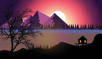 Lake mountains sunset landscape illustration wild natural background vector