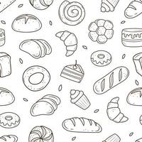 a pattern of baked goods drawn in the style of doodle. black and white bread, cake, monchik, croissant. vector illustration on a white background.