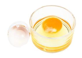 cracked chicken egg in glass bowl and empty shell photo