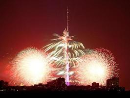 bright fireworks near Ostankino TV Tower in Moscow photo